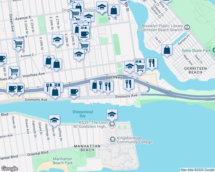 map of restaurants, bars, coffee shops, grocery stores, and more near 2803 Batchelder Street in Brooklyn