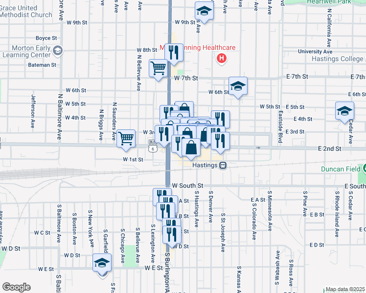 map of restaurants, bars, coffee shops, grocery stores, and more near W 2nd St & N Lincoln Ave in Hastings