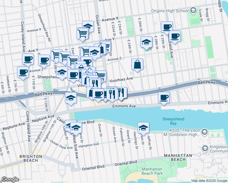 map of restaurants, bars, coffee shops, grocery stores, and more near 3093 Ocean Avenue in Brooklyn