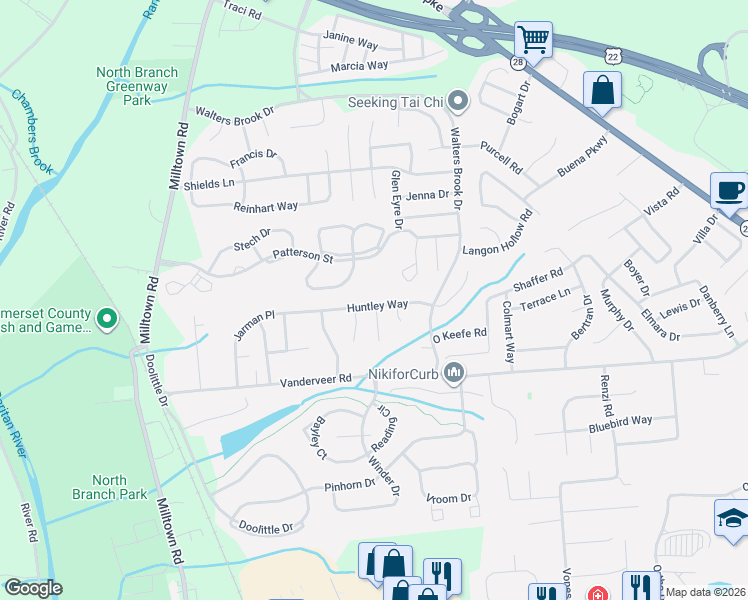map of restaurants, bars, coffee shops, grocery stores, and more near 29 Huntley Way in Bridgewater Township