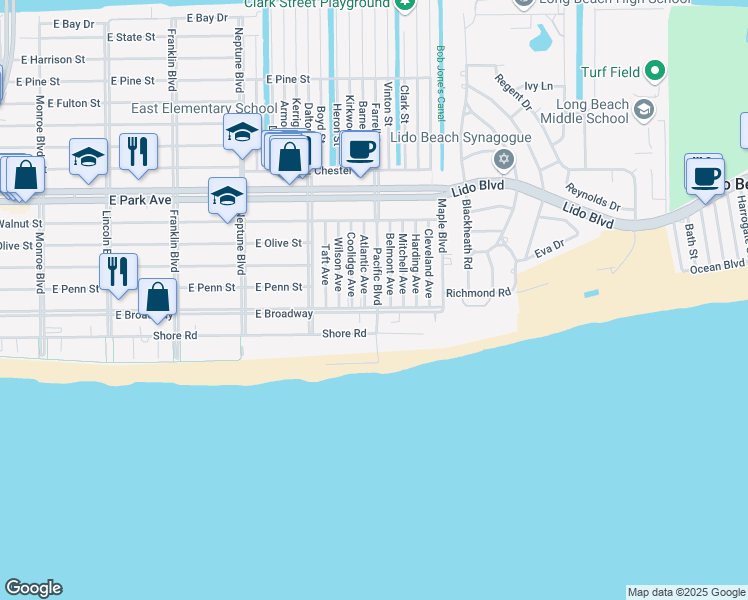 map of restaurants, bars, coffee shops, grocery stores, and more near 107 Pacific Boulevard in Long Beach