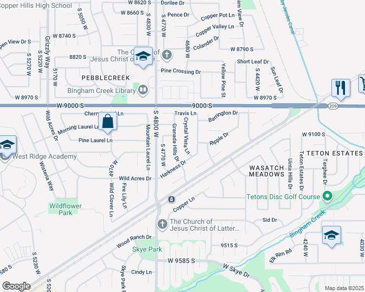 map of restaurants, bars, coffee shops, grocery stores, and more near 9152 South Crystal Vista Lane in West Jordan