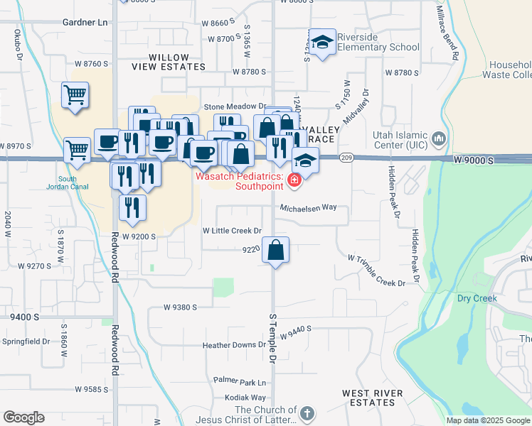 map of restaurants, bars, coffee shops, grocery stores, and more near 9141 South Little Creek Drive in West Jordan