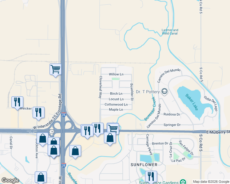 map of restaurants, bars, coffee shops, grocery stores, and more near 4412 East Mulberry Street in Fort Collins