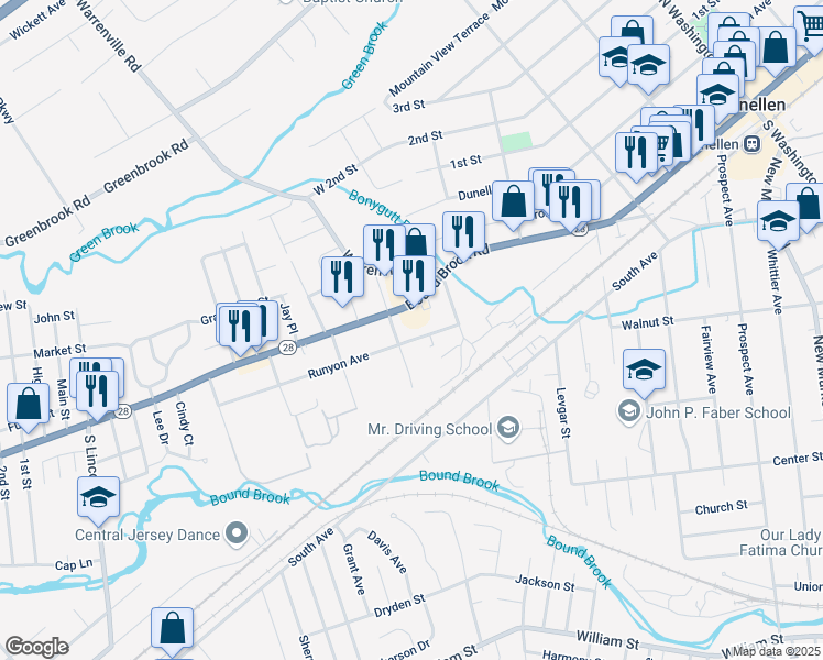 map of restaurants, bars, coffee shops, grocery stores, and more near 136 Bound Brook Road in Middlesex
