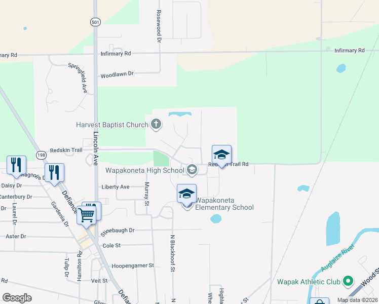 map of restaurants, bars, coffee shops, grocery stores, and more near 1009 Cherokee Crossing in Wapakoneta