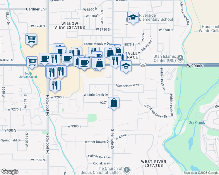 map of restaurants, bars, coffee shops, grocery stores, and more near 9141 South Little Creek Drive in West Jordan