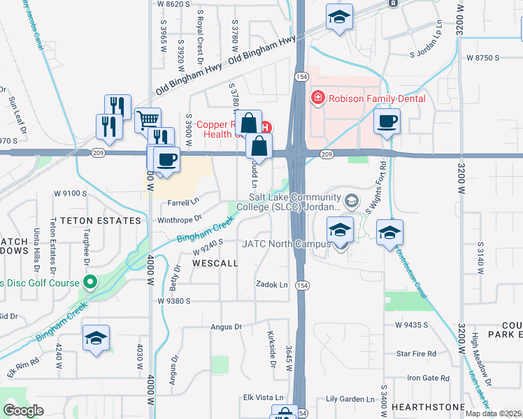 map of restaurants, bars, coffee shops, grocery stores, and more near 9140 Judd Lane in West Jordan
