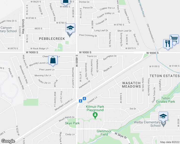 map of restaurants, bars, coffee shops, grocery stores, and more near 9152 Crystal Vista Lane in West Jordan