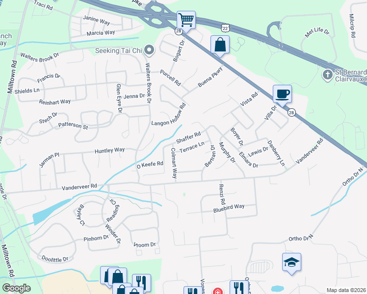 map of restaurants, bars, coffee shops, grocery stores, and more near 14 Terrace Lane in Bridgewater Township