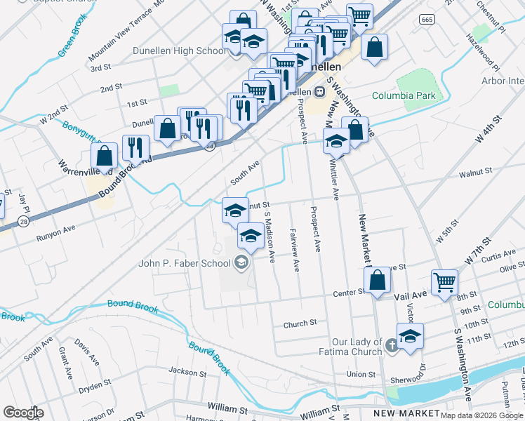 map of restaurants, bars, coffee shops, grocery stores, and more near 726 Walnut Street in Dunellen