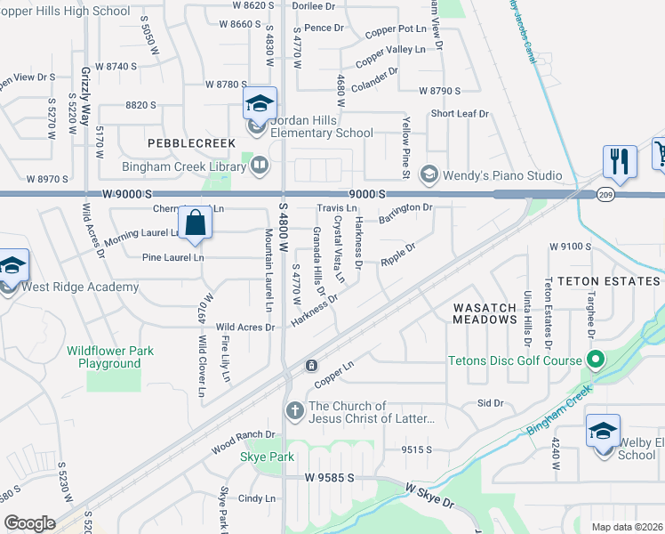 map of restaurants, bars, coffee shops, grocery stores, and more near 9152 South Crystal Vista Lane in West Jordan