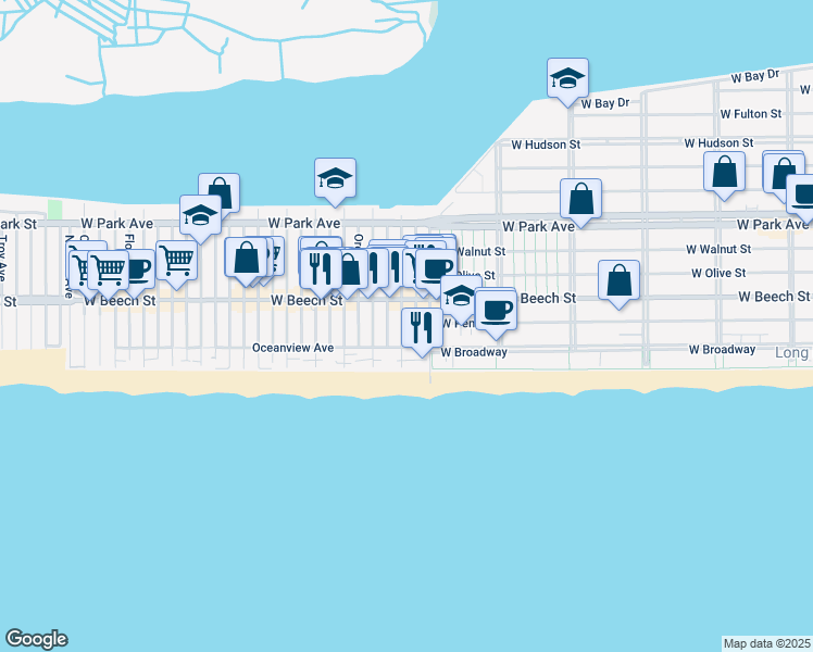 map of restaurants, bars, coffee shops, grocery stores, and more near 43 California Street in Long Beach