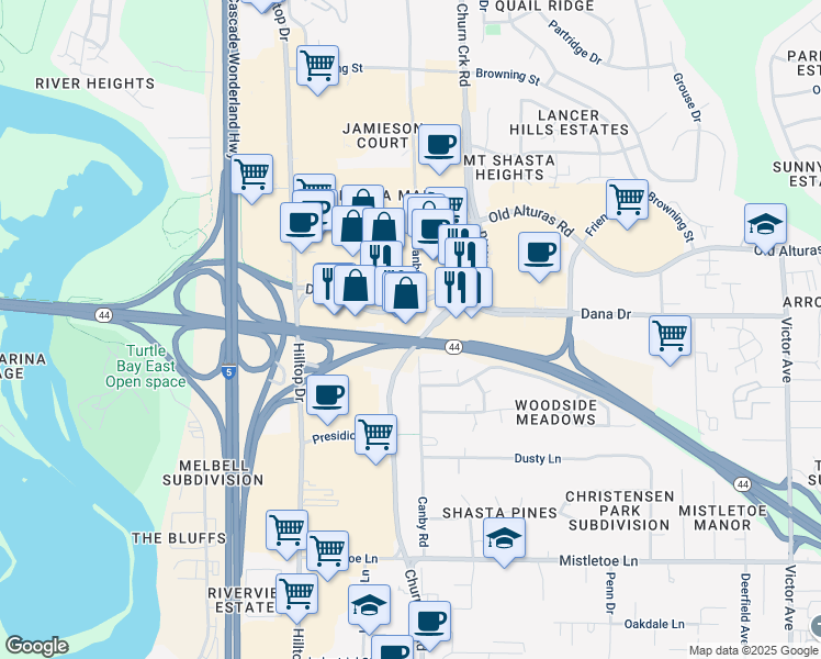 map of restaurants, bars, coffee shops, grocery stores, and more near 981 Dana Drive in Redding