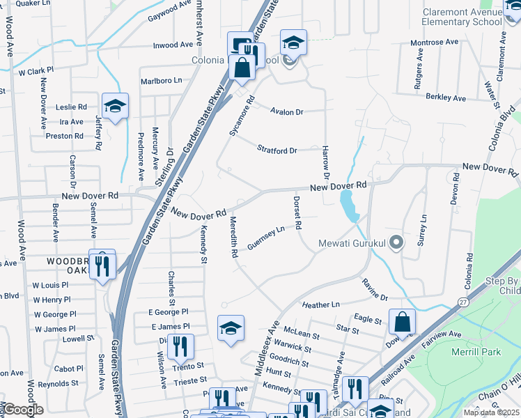 map of restaurants, bars, coffee shops, grocery stores, and more near 411 New Dover Road in Woodbridge Township