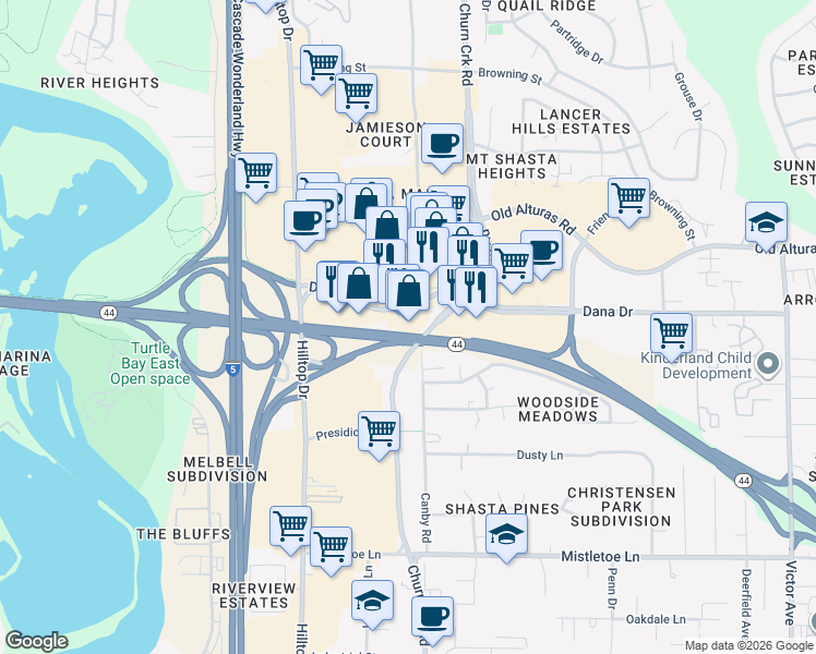map of restaurants, bars, coffee shops, grocery stores, and more near 981 Dana Drive in Redding