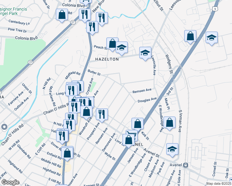 map of restaurants, bars, coffee shops, grocery stores, and more near 333 Prospect Avenue in Woodbridge Township