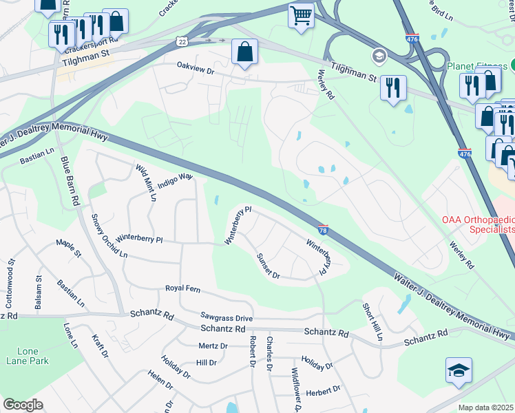 map of restaurants, bars, coffee shops, grocery stores, and more near 5912 Winterberry Place in Allentown
