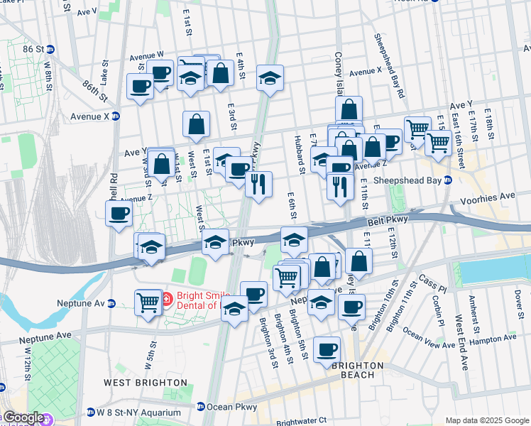 map of restaurants, bars, coffee shops, grocery stores, and more near 2601 Ocean Parkway in Brooklyn