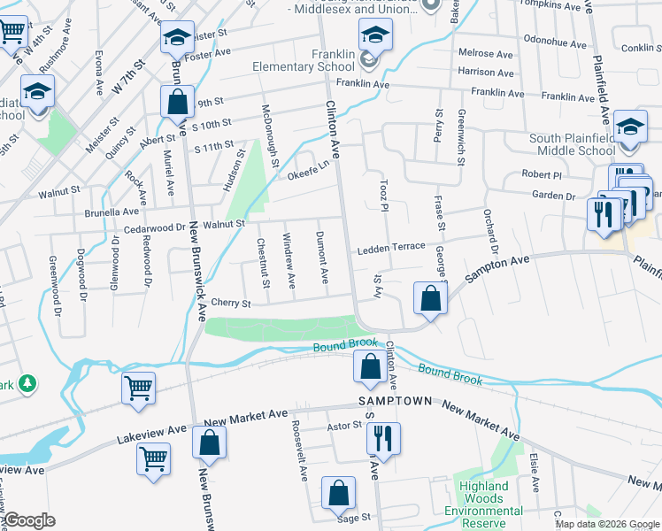 map of restaurants, bars, coffee shops, grocery stores, and more near 1543 Dumont Avenue in South Plainfield