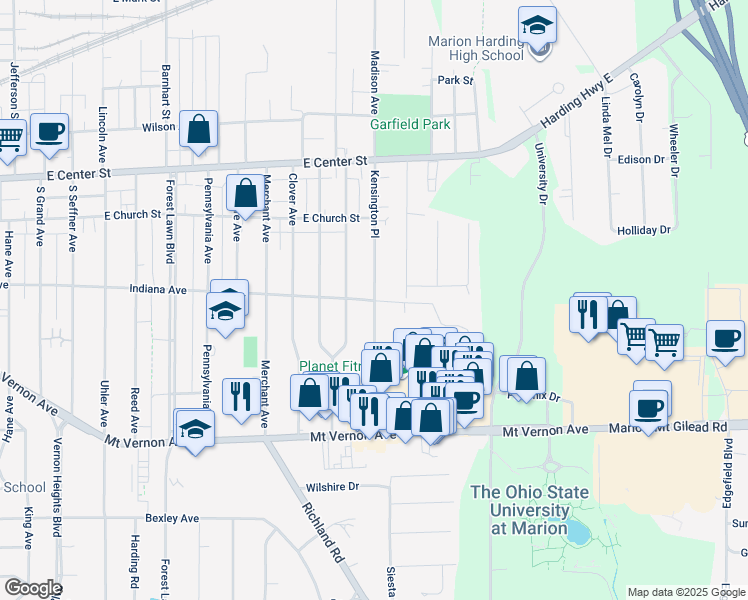 map of restaurants, bars, coffee shops, grocery stores, and more near 319 Kensington Place in Marion
