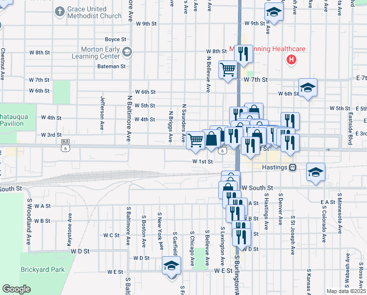 map of restaurants, bars, coffee shops, grocery stores, and more near 200 North Saunders Avenue in Hastings