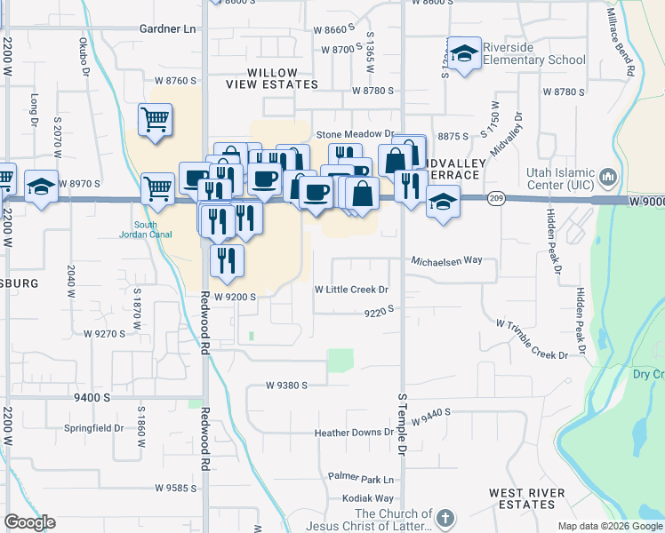 map of restaurants, bars, coffee shops, grocery stores, and more near 9114 South River Ridge Drive in West Jordan