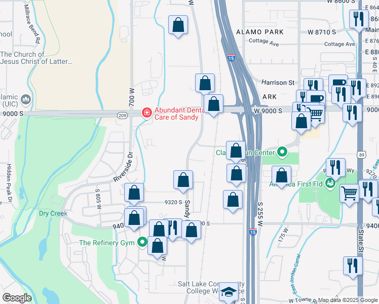 map of restaurants, bars, coffee shops, grocery stores, and more near Sandy Parkway in Sandy