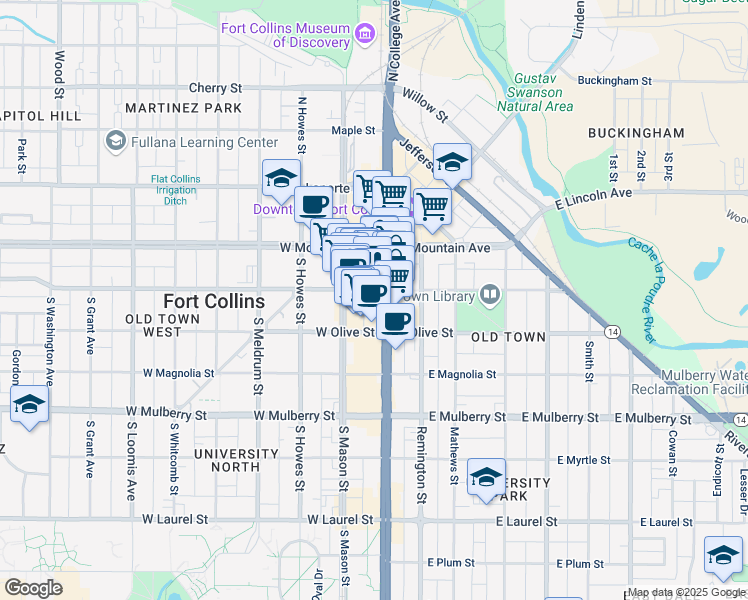 map of restaurants, bars, coffee shops, grocery stores, and more near 201 South College Avenue in Fort Collins