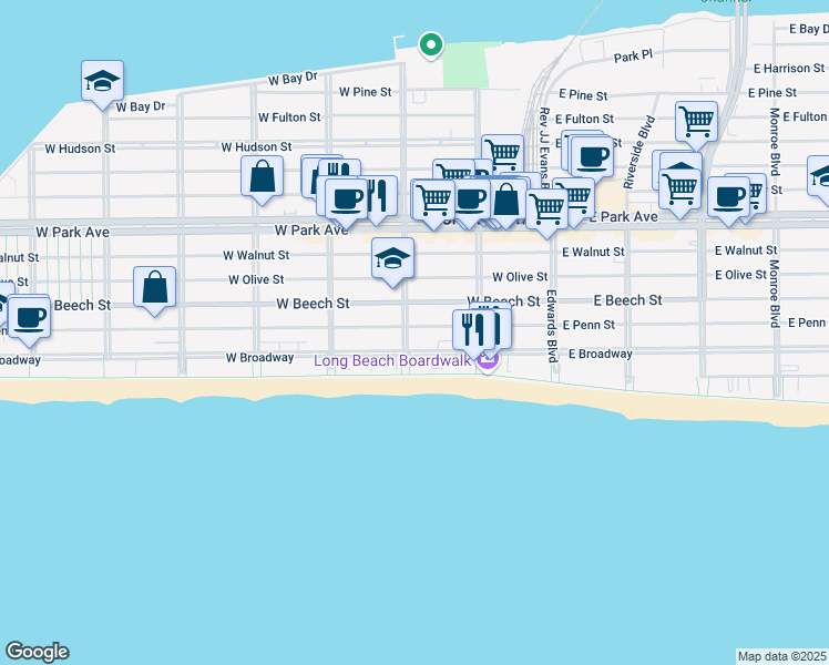 map of restaurants, bars, coffee shops, grocery stores, and more near 173 West Penn Street in Long Beach