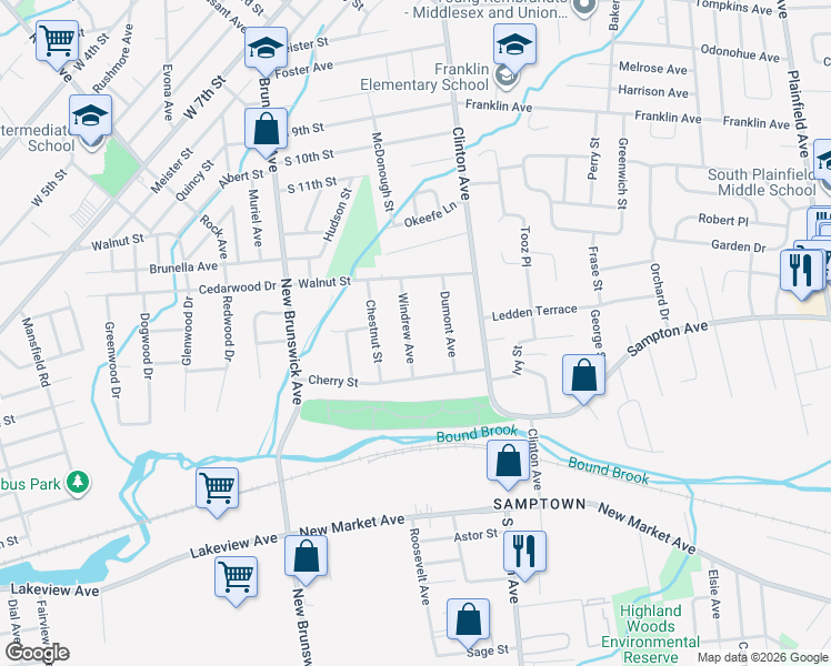 map of restaurants, bars, coffee shops, grocery stores, and more near 1605 Windrew Avenue in South Plainfield