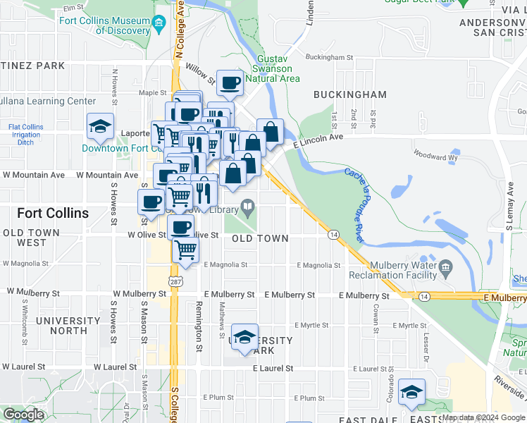 map of restaurants, bars, coffee shops, grocery stores, and more near 340 East Oak Street in Fort Collins
