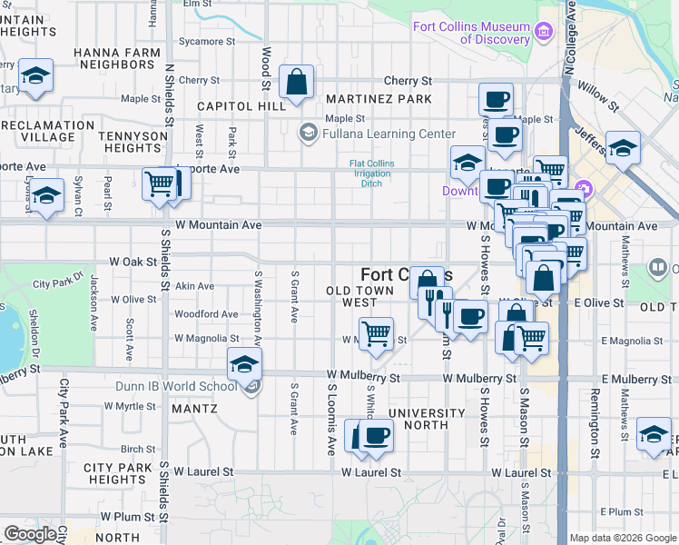 map of restaurants, bars, coffee shops, grocery stores, and more near 605 West Oak Street in Fort Collins