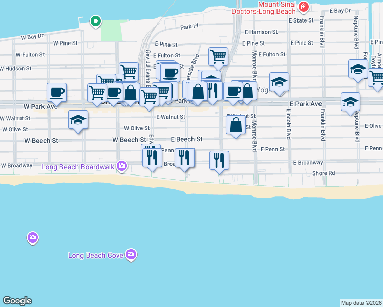 map of restaurants, bars, coffee shops, grocery stores, and more near 118 East Penn Street in Long Beach