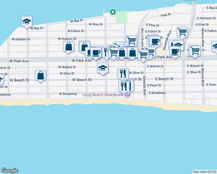 map of restaurants, bars, coffee shops, grocery stores, and more near 173 West Penn Street in Long Beach