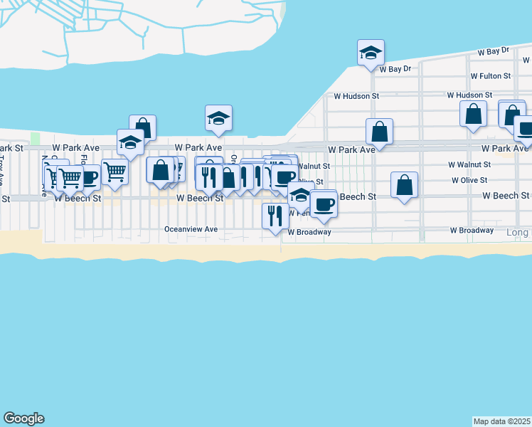 map of restaurants, bars, coffee shops, grocery stores, and more near 43 California Street in Long Beach