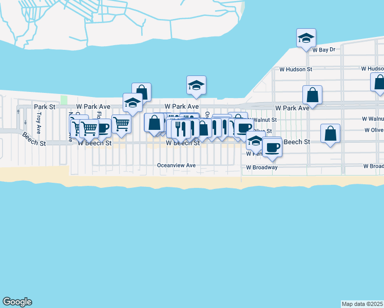 map of restaurants, bars, coffee shops, grocery stores, and more near 43 Delaware Avenue in Long Beach