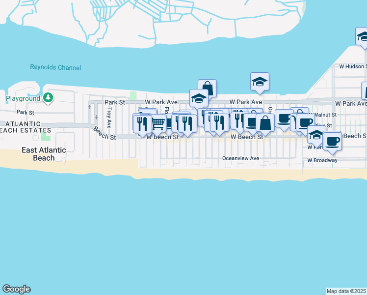 map of restaurants, bars, coffee shops, grocery stores, and more near 44 Georgia Avenue in Long Beach