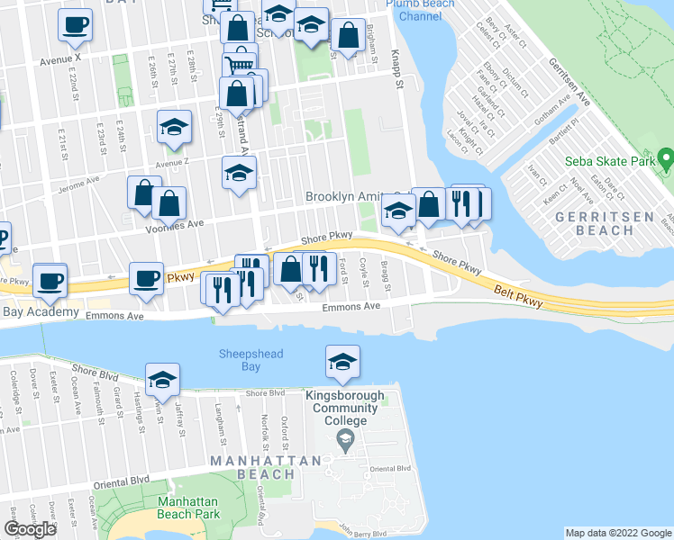 map of restaurants, bars, coffee shops, grocery stores, and more near 2797 Ford Street in Brooklyn