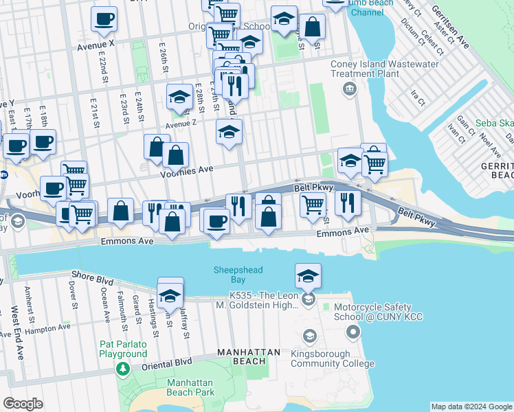 map of restaurants, bars, coffee shops, grocery stores, and more near 3730 Shore Parkway in Brooklyn