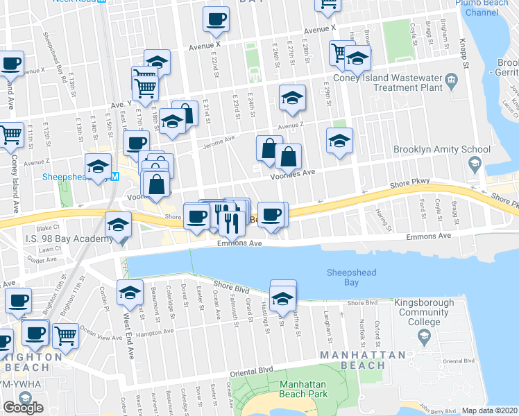 map of restaurants, bars, coffee shops, grocery stores, and more near 2750 East 23rd Street in Brooklyn