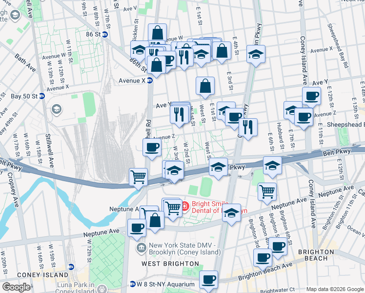 map of restaurants, bars, coffee shops, grocery stores, and more near 2631 West 2nd Street in Brooklyn