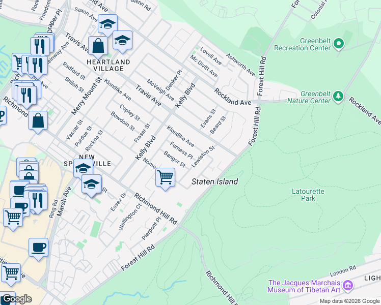 map of restaurants, bars, coffee shops, grocery stores, and more near 416 Klondike Avenue in Staten Island