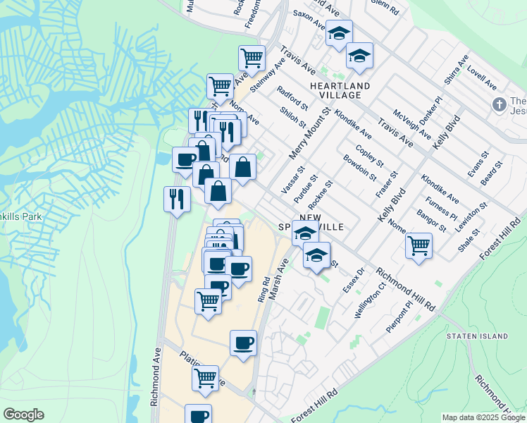 map of restaurants, bars, coffee shops, grocery stores, and more near 100 Gardenia Lane in Staten Island