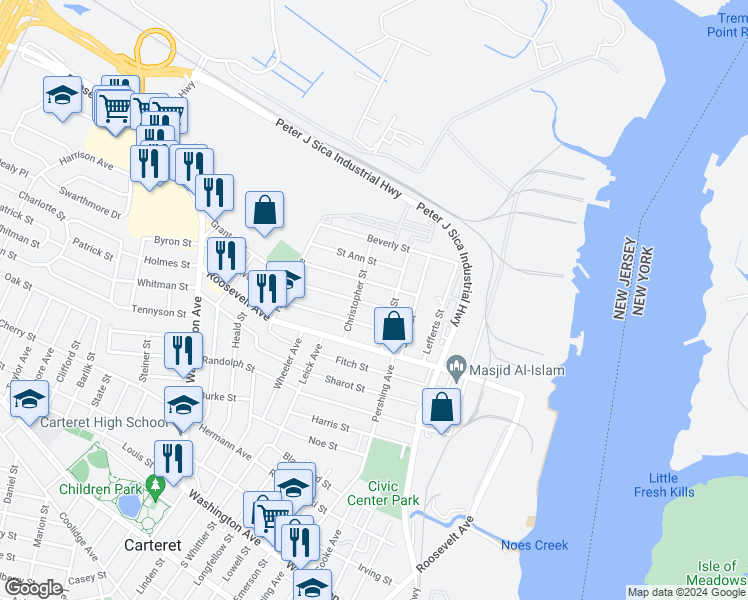 map of restaurants, bars, coffee shops, grocery stores, and more near 9 Jeanette Street in Carteret