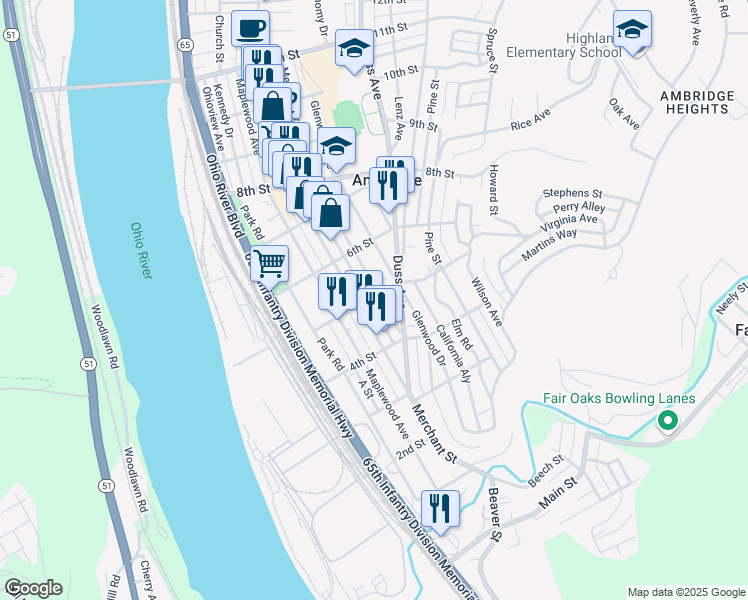 map of restaurants, bars, coffee shops, grocery stores, and more near 506 Merchant Street in Ambridge