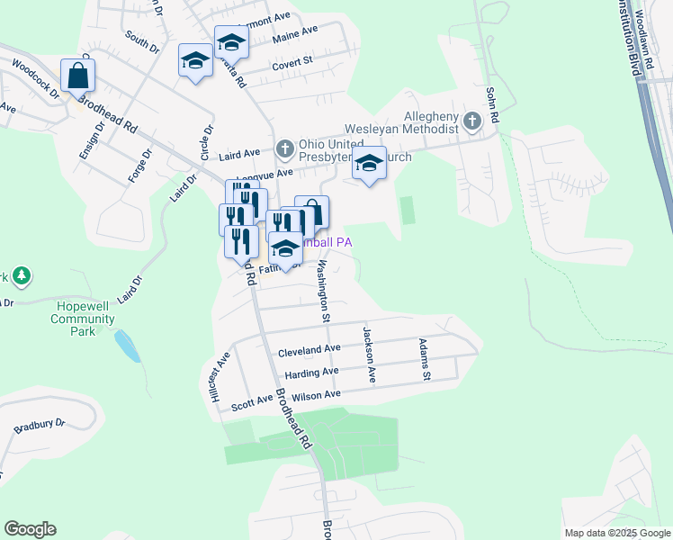 map of restaurants, bars, coffee shops, grocery stores, and more near 3975 Washington Street in Aliquippa
