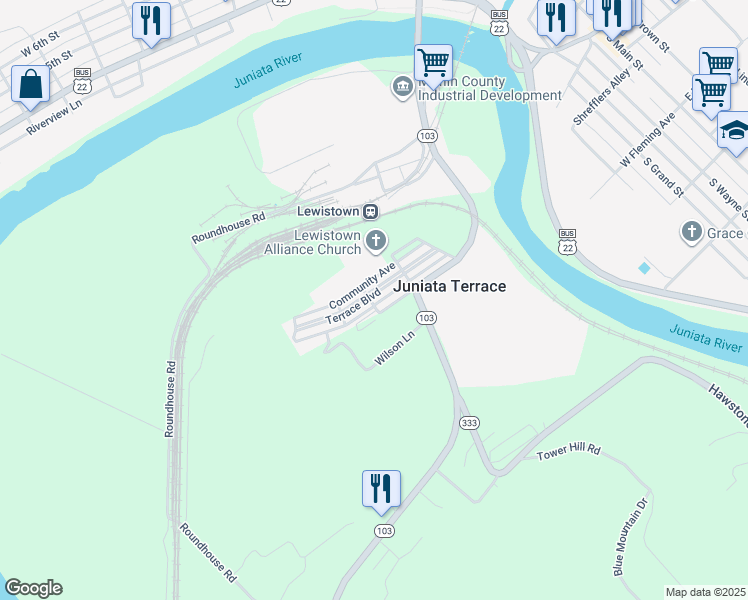 map of restaurants, bars, coffee shops, grocery stores, and more near 147 Terrace Boulevard in Lewistown