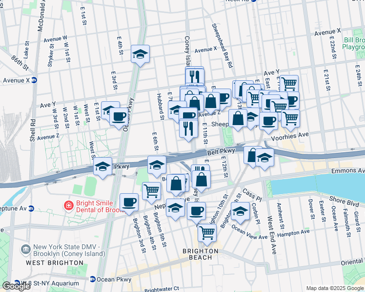 map of restaurants, bars, coffee shops, grocery stores, and more near 2675 East 7th Street in Brooklyn