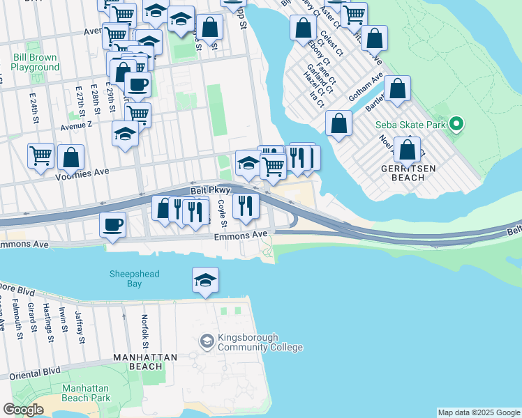map of restaurants, bars, coffee shops, grocery stores, and more near 2840 Knapp Street in Brooklyn